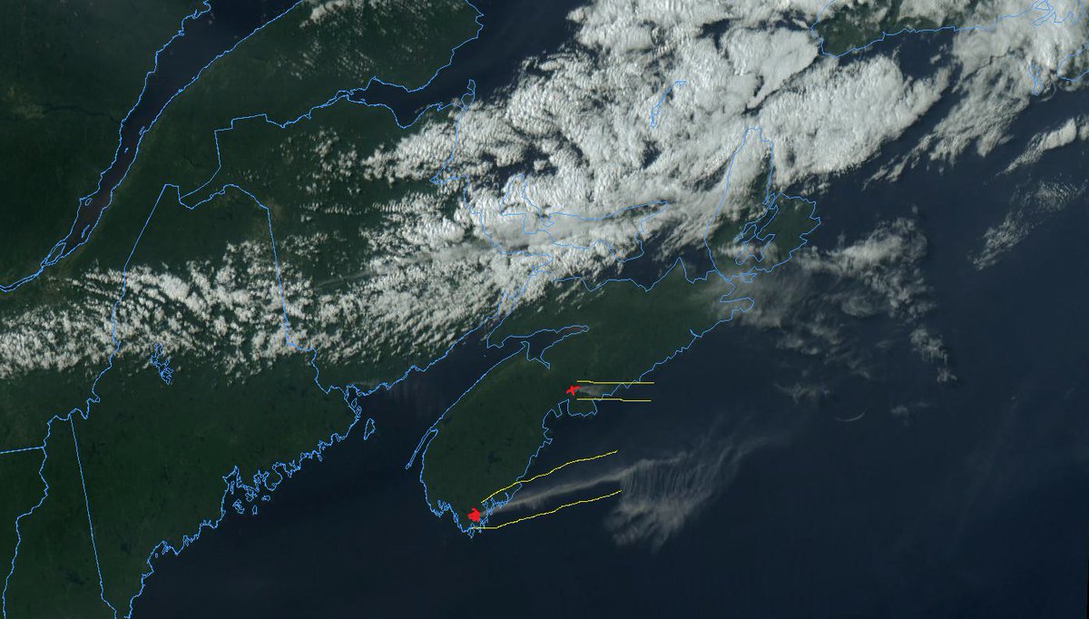 Smoke from two of the wildfires in NS visible on satellite imagery. Image courtesy of the College of DuPage.

Areas are under a no burn orders. Fire danger rated as high to extreme by Natural Resources Canada.