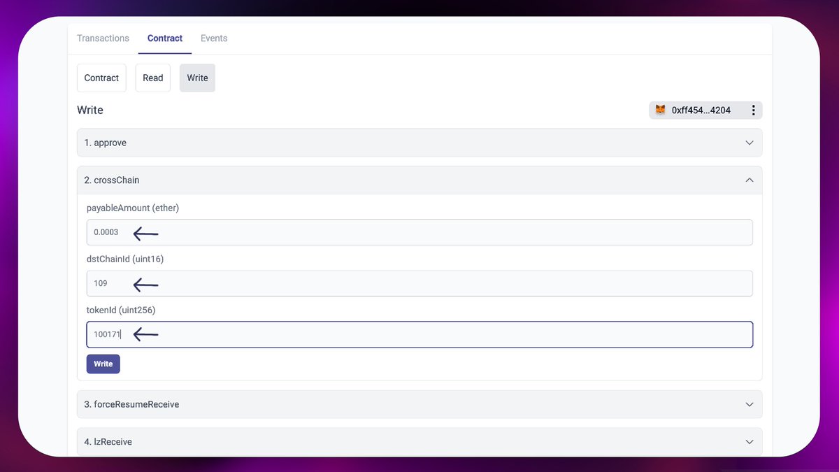 4️⃣ NFT Bridge

🌐 Go to NFT contract again and open 'CrossChain' section

🟣 0.0003 ➡️ The amount of ETH to be paid for the gas fee.

🟣 109 ➡️ Polygon chain ID

🟣 100171 ➡️ Your NFT's ID

🚀 Fill in the table and click write!