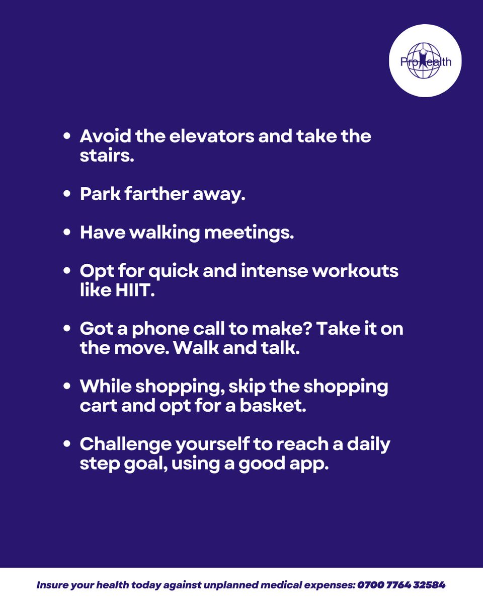 Incorporate these tactics into your daily routine and watch your fitness level soar!😉

Remember, every step counts on your journey to a healthier and happier you! 🚶‍♂️💨
#Exercisetips 
#ProHealthHMO