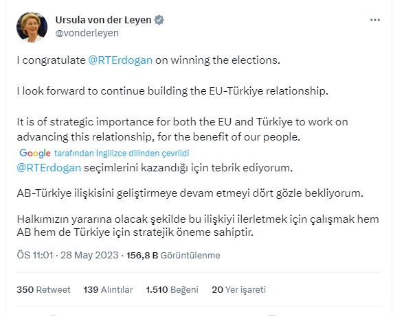 'AB-Türkiye ilişkisini geliştirmeye devam etmeyi dört gözle bekliyorum.'

AB Komisyonu Başkanı Ursula von der Leyen'den, Cumhurbaşkanı Erdoğan'a tebrik mesajı