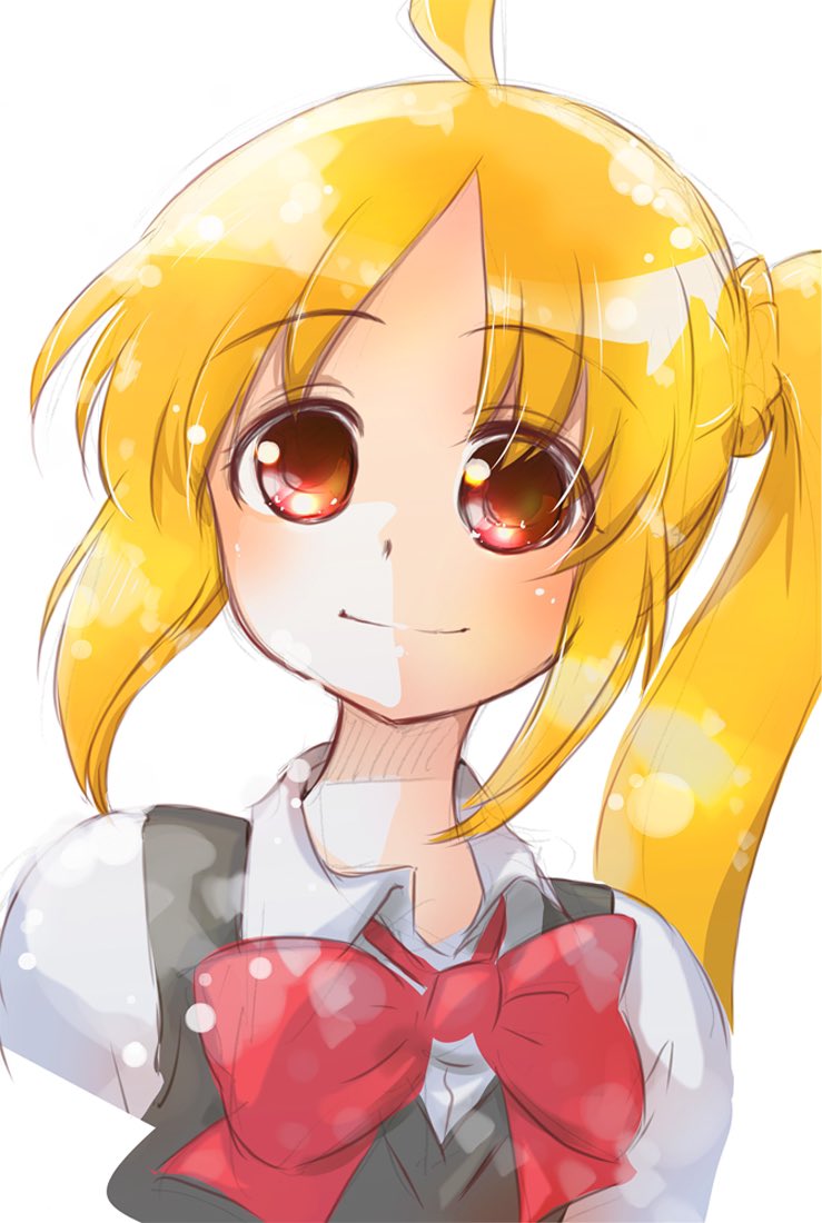 ijichi nijika 1girl solo blonde hair bow smile side ponytail ahoge  illustration images