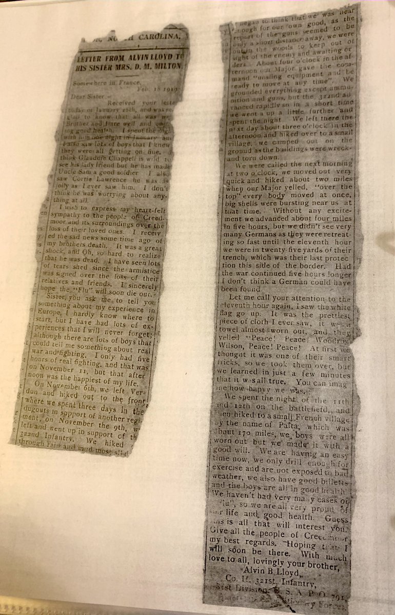 word_working's tweet photo. My mother saved a faded copy of a letter her uncle wrote, describing how he saw his first combat as WWI ended. It was published in the local newspaper. Alvin survived the war, while his brother at home died of the flu. #WWI #MemorialDay #history
@USNatArchives
@NCArchives https://t.co/3MExgkw78w