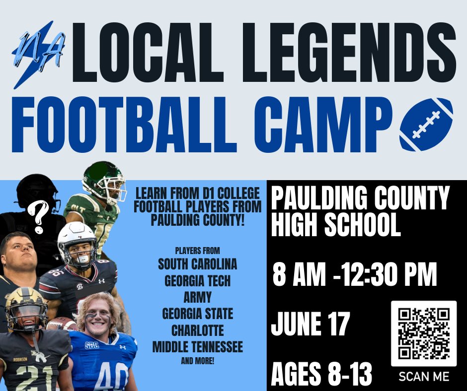 t_holcomb1's tweet photo. FREE CAMP GIVEAWAY!

We are giving away 1 free camp to a Paulding family for Local Legends Youth Football Camp.

How do you enter? Just follow these 3 easy steps:

1. Like this tweet
2. Retweet or Quote tweet this post
3. Follow the QR Code or link in my bio to sign up! https://t.co/ltfJ8isaAM