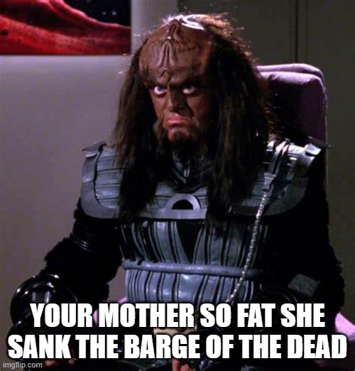 Legitimate Klingon insult.

@CoachGowron

Not to be outdone by, 'Yo mama is so dumb, she thought the Khitomer Accords were an ancient Earth automobile'

(actually that's half right)