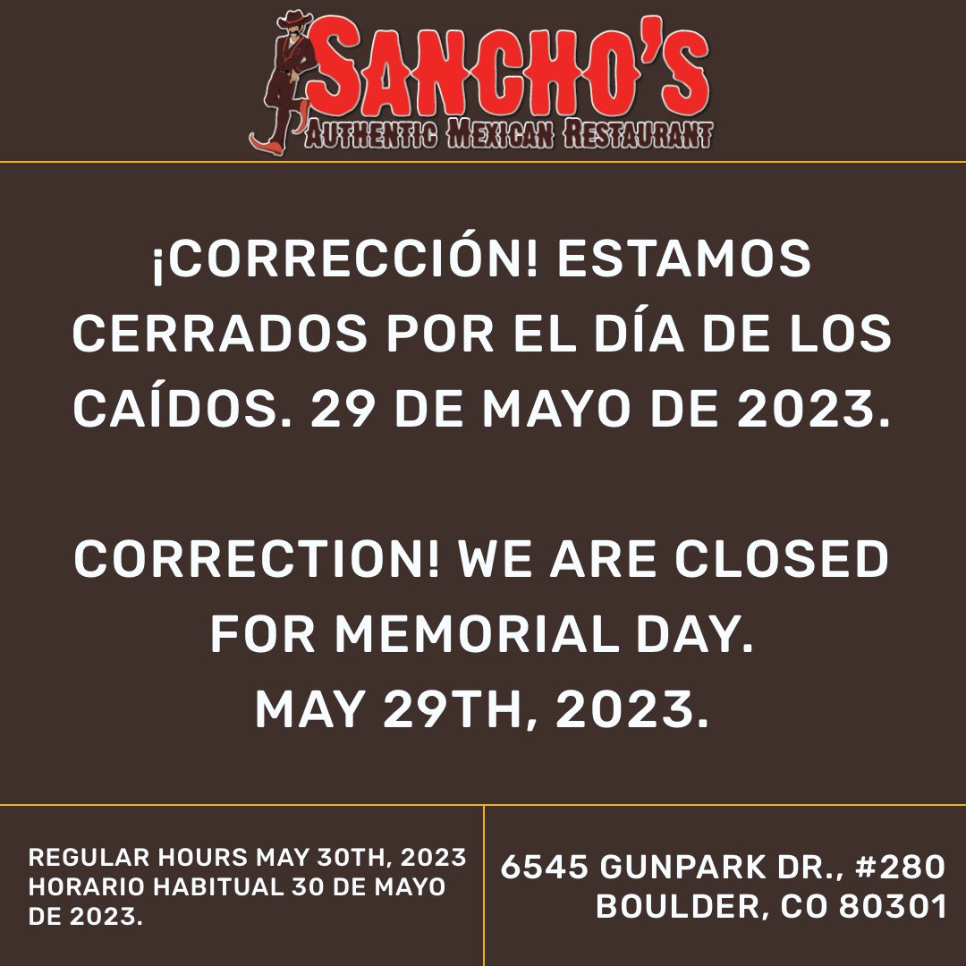 ¡Corrección! Estamos cerrados por el Día de los Caídos. 29 de mayo de 2023. Horario habitual 30 de mayo de 2023.

Correction! We are Closed for Memorial Day.
May 29th, 2023. Regular hours May 30th, 2023