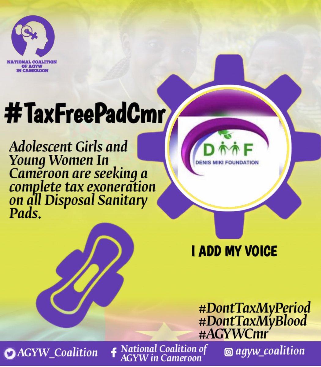 On #WorldMenstrualHygieneDay we support the #TaxFreePadCmr campaign by Adolescent Girls and Young Women (AGYW) In Cameroon seeking a complete tax exoneration on all Disposal Sanitary Pads 🩸 
#DontTaxMy Period
#DontTaxMyBlood
#AGYWCmr
#HerVoiceMyVoice