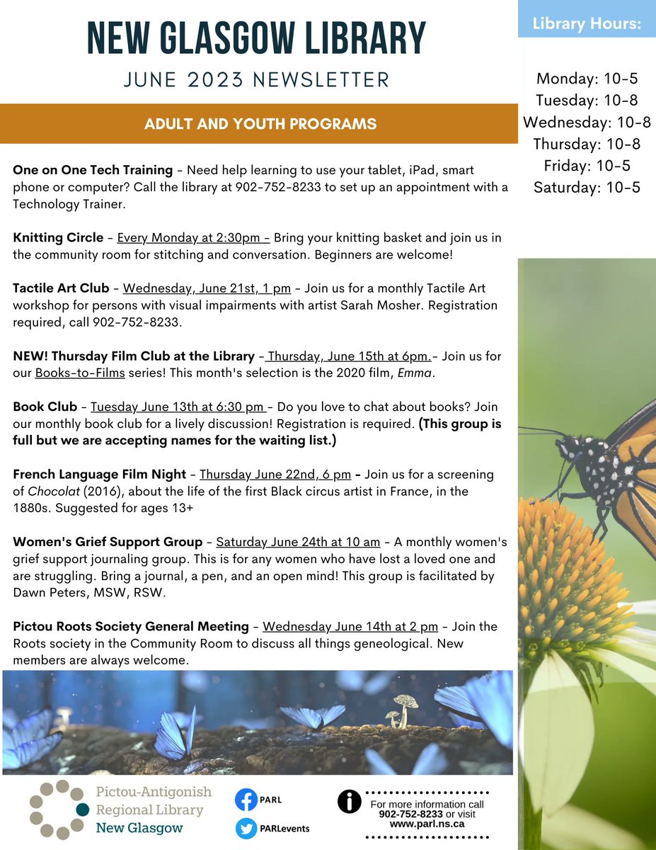 CaregiversNS's tweet image. Check out what's happening at the New Glasgow Public Library in June! #newglasgowns #publiclibrary #freeprogramming #freeprograms #juneprogramming #summer