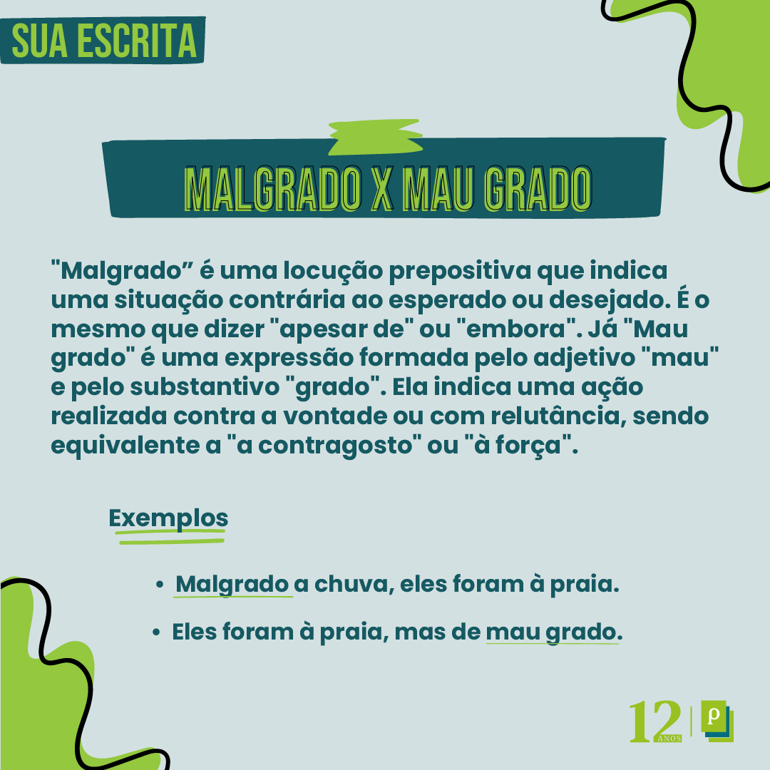 Paco_Editorial's tweet photo. Na língua portuguesa, há palavras que parecem semelhantes na escrita e na pronúncia, mas que possuem significados diferentes. Esse é o caso de "malgrado" e "mau grado", que muitas vezes são confundidos. Confira a diferença no post!

#pacoeditorial #editoradelivros #livros https://t.co/Fv0E6iJGMQ