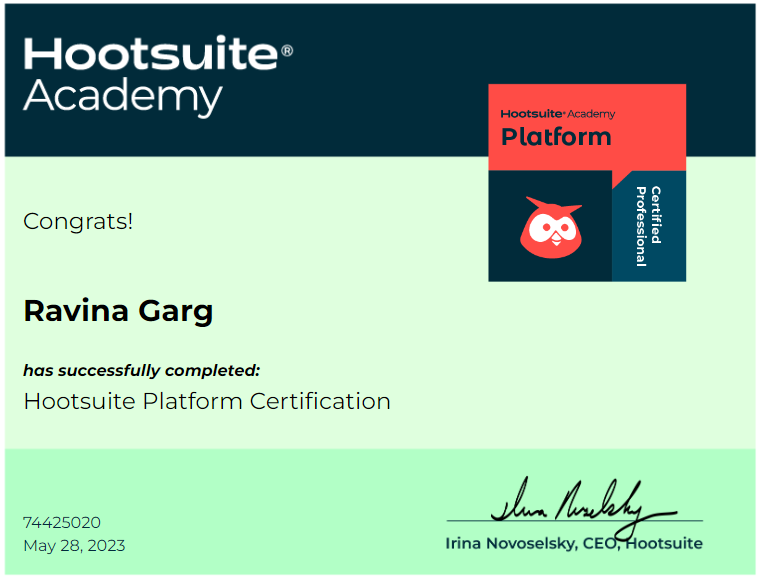 RavinagGarg's tweet photo. I am Ravina Garg, a passionate Digital Marketer, and thrilled to announce that I have completed the prestigious Hootsuite Certification! 🎉✅ @hootsuite @sixwords 

@GBCollege @GbcollegeD @gbcollege_dex 
#MARK4022 #B413
#B433 https://t.co/UuLNvmSeqe