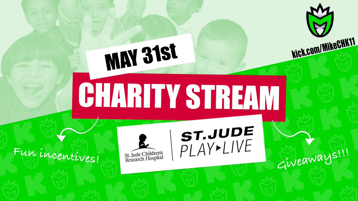 itsMikeCheck's tweet photo. 🚨 CHARITY STREAM INBOUND! 🚨

This Wednesday, May 31st is our @StJudePLAYLIVE charity stream! Last year we crushed our goal, raising $7,777 in just over 12 hours!

This year, the goal is to hit 10k, but really, every penny raised is a victory, and the lofty goals are just for fun.

St. Jude is my favorite organization to fund raise for. The work they do, the families & children they impact, the lives they save - they are truly a blessing to so many. Any support we can show them is a W.

This is our 3rd year streaming for Play Live, and this year we have a new home! This stream will be on @kick, and I'm hoping to see more streamers on the green app participating in such an awesome cause.

Hope to see you all there 💚