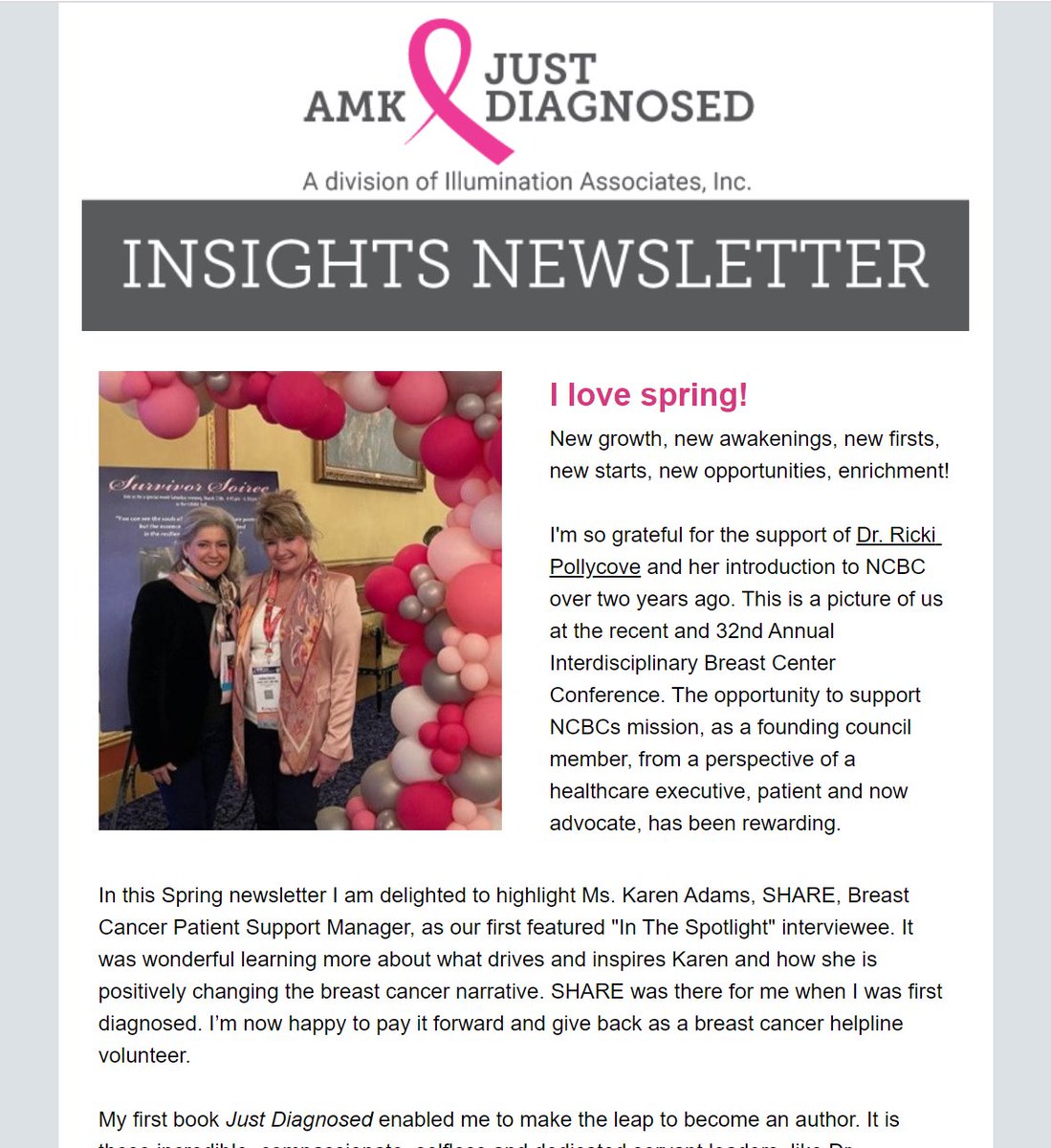 In the spring edition of Insights Newsletter, I had the opportunity to interview Karen Adams of @sharecancersupport for the inaugural In the Spotlight section. To read this edition and subscribe for this quarterly newsletter, visit amkjustdiagnosed.com