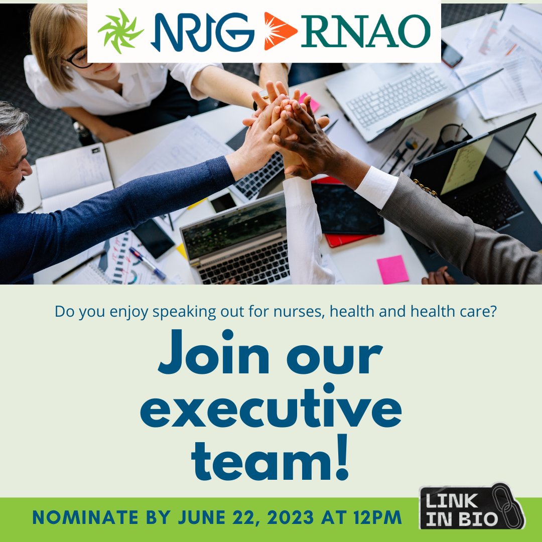 Do you enjoy #speakingout for #nurses, health and #healthcare? Come join our Executive Team! Application form on our website, link in bio, or by visiting: myrnao.ca/nrig_cfn_2023. Deadline: June 22, 2023 at 12pm.
