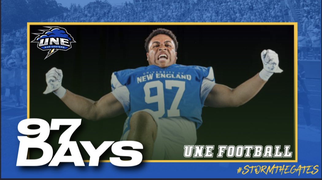 CoachRuest's tweet photo. The Pride of Hackensack @WHedidor letting us all know… @UNEfootball is back in action in just 9️⃣7️⃣ Days! #STG 🌩🏈 https://t.co/j8yf8l4K1t
