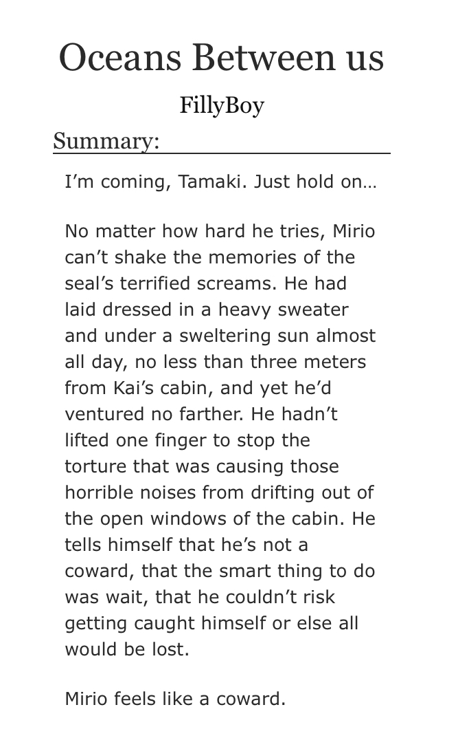 FillyBoy19's tweet photo. 🧜‍♂️Oceans Between Us
🧜‍♂️Mirio/Tamaki #MiriTama
🧜‍♂️Written for @BnhaMerBang 
🧜‍♂️Artist: @TheRealmEternal 
🧜‍♂️https://t.co/syUT4SrDi7

//I’m coming, Tamaki. Just hold on…//

No matter how hard he tries, Mirio can’t shake the memories of the seal’s terrified screams. https://t.co/kmyhlOMBV5