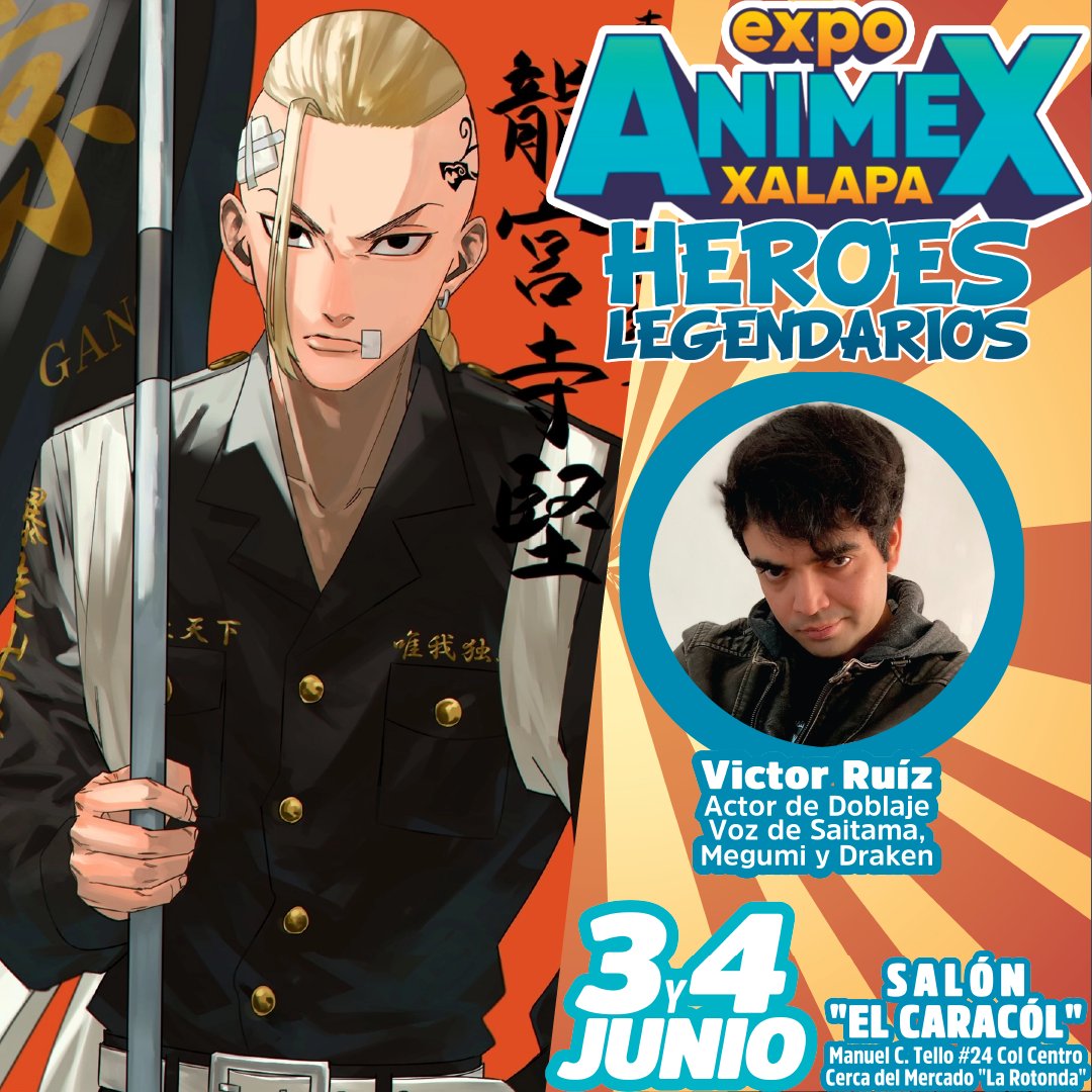expoanimex xalapa (@expoanimex) on Twitter photo Este fin de semana en #Expoanimex #Héroeslegendarios 📷📷 no te pierdas la presentación de <a href="/elvicruiz/">Víctor Ruiz</a> invitado actor de doblaje, voz de Saitama en #Onepunchman de Megumi en #jujutsukaisen y Draken en #tokyorevengers no te lo pierdas📷 te esperamos en el salón "El Caracol" 📷 Este fin de semana en #Expoanimex #Héroeslegendarios 📷📷 no te pierdas la presentación de <a href="/elvicruiz/">Víctor Ruiz</a> invitado actor de doblaje, voz de Saitama en #Onepunchman de Megumi en #jujutsukaisen y Draken en #tokyorevengers no te lo pierdas📷 te esperamos en el salón "El Caracol" 📷