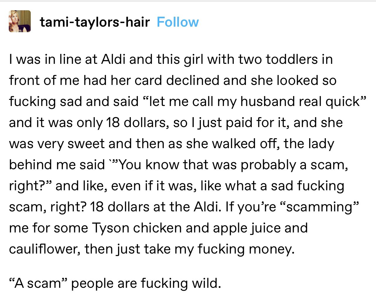 Ah yes..the late 2010’s Tumblr-turned-copypasta has made its way back to Twitter on its yearly rotation. Right on schedule. https://t.co/yZasdYqbPM