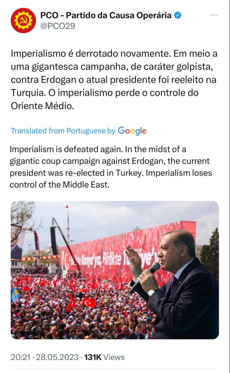 Bizim "solcuların" göremediğini Brezilya'dan görmüşler👇

Brezilya İşçi Davası Partisi:

“Emperyalizm bir kez daha yenildi. (...) Cumhurbaşkanı Erdoğan, Türkiye'de yeniden seçildi. Emperyalizm, Orta Doğu'nun kontrolünü kaybetti.”

<a href="/PCO29/">PCO - Partido da Causa Operária</a> 🇹🇷🇧🇷