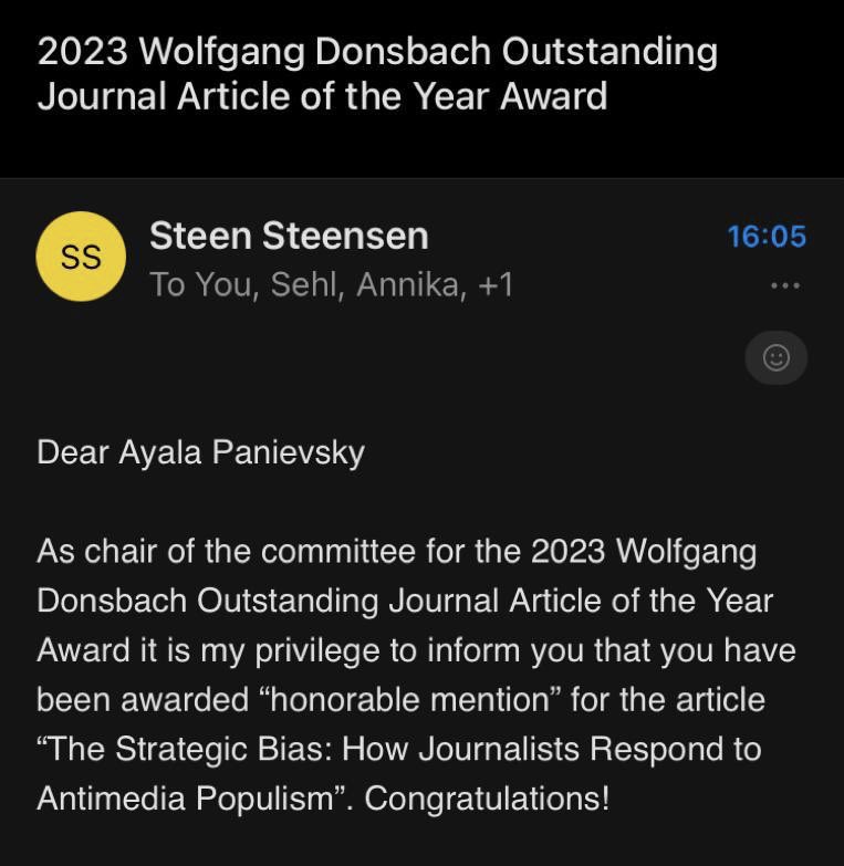 I’ve been FOMOing on the #ICA23 for a while, but I’m particularly gutted not to be there today when my article “Strategic Bias: How Journalists Respond to Antimedia Populism” receives an honourable mention from the Outstanding Article of the Year Award! Thanks @Journalism_ICA 🥹