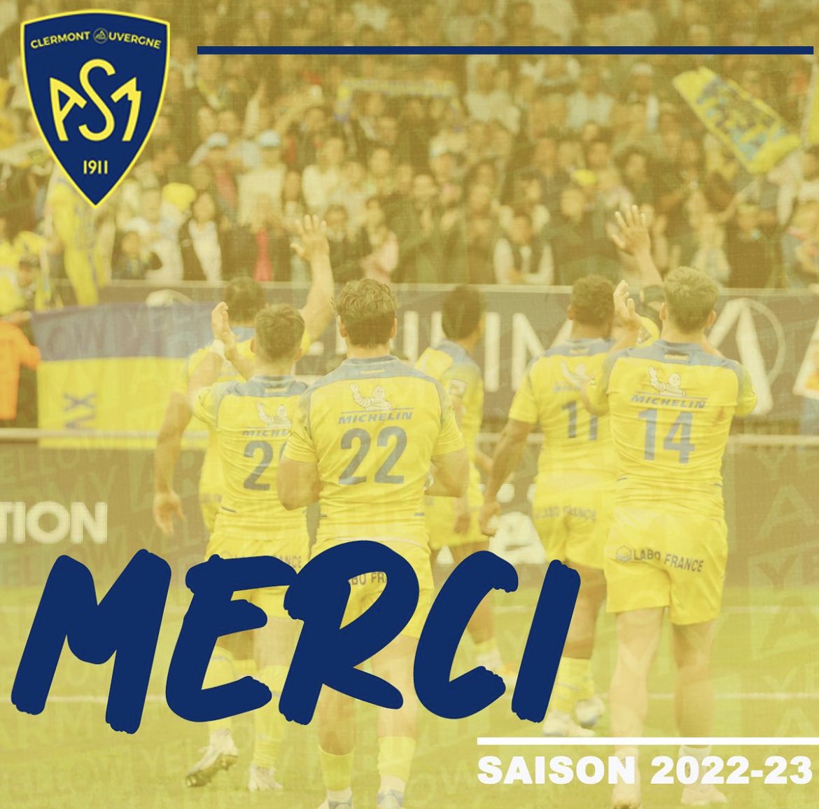 ASMOfficiel's tweet photo. M E R C I 💛💙
La victoire face au Racing 92 vient clore notre saison. Merci de tout notre cœur 💛 de votre soutien et vos encouragements tout au long de cette année. On se retrouve très vite pour la saison 2023-24 avec de nouvelles ambitions.
#ASMEnsemble https://t.co/T4HyqnMadx