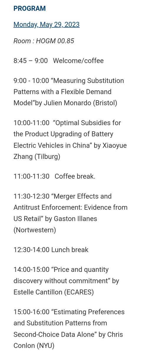 On Day One, we're kicking off the 2nd #LeuvenSummerEvent with a great lineup of workshops in Industrial Organization:
🔹<a href="/Julien_Monardo/">Julien Monardo</a> (<a href="/BristolUniEcon/">University of Bristol | School of Economics</a>)
🔹<a href="/XYZ_xiaoyue/">Xiaoyue Zhang</a> (<a href="/TilburgEOR/">Tilburg Econometrics & OR</a>)
🔹<a href="/IllanesGaston/">Gaston Illanes</a> (<a href="/NUEconomics/">Northwestern Economics</a>)
🔹Estelle Cantillon (<a href="/ecares_ulb/">ECARES</a>)
🔹<a href="/conlon_chris/">Chris Conlon</a> (<a href="/NYUStern/">NYU Stern</a>)