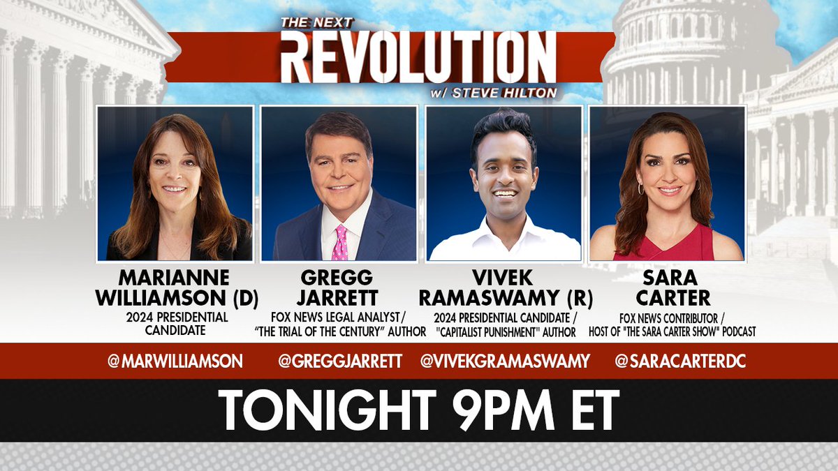 TONIGHT: @MarWilliamson, @GreggJarrett, @VivekGRamaswamy, and @SaraCarterDC join #NextRevFNC! Set your DVRs and tune in at 9 PM ET only on @FoxNews!