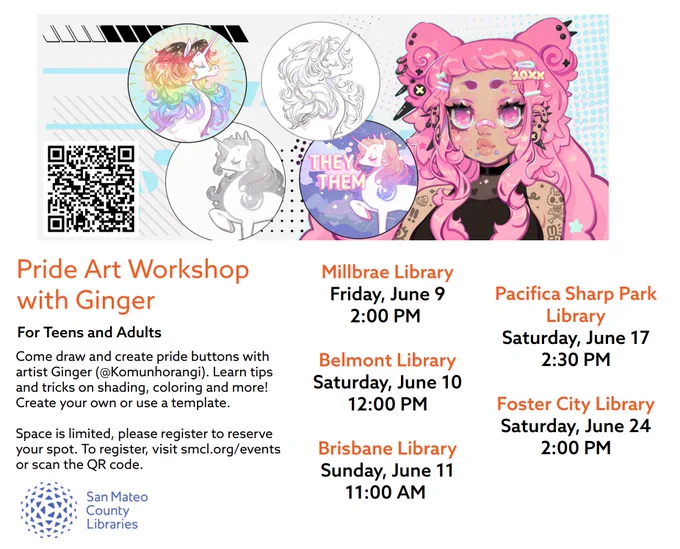 🌈ARE YOU READY!!!!!🌈 Im hosting FREE pride workshops where you can come and make your own flag and pronoun buttons at several library locations in the San Mateo area! 🦄🏳️‍🌈 Below are all the dates and times, you just need to sign up so we make sure to have enough supplies!🌈🌈🌈