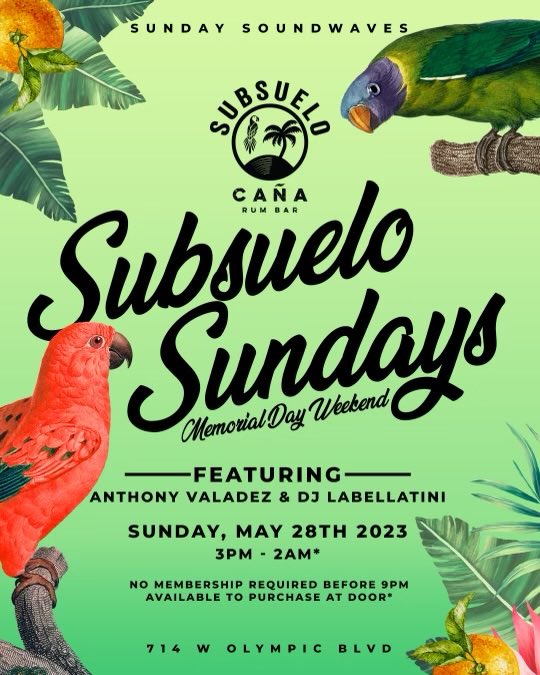 Today #SubsueloSundays 11 HOUR party happening at Caña Rum Bar in Downtown LA 🌴🎶🍊🎧🪩 ft @LABellaTini_ @anthonyvaladez & @MrVallenato 

#memorialdayweekendsunday
#happeningindtla
#thingstodoinLA
#dtlaparties