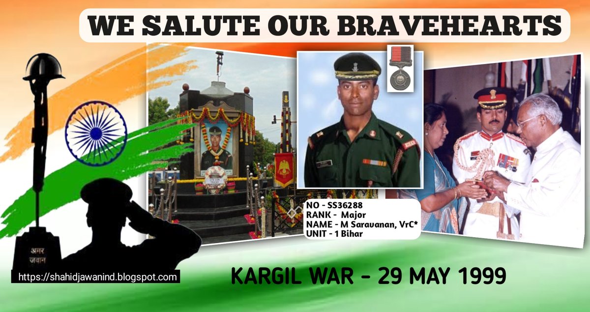 Major Mariappan Saravanan, #VirChakra (P), the #IndianBrave Hero of BATALIK led his men of 1 BIHAR to capture Pt 4268, fought fiercely and laid down his life #OnThisDay 29 May in 1999 #OpVijay #Kargil1999