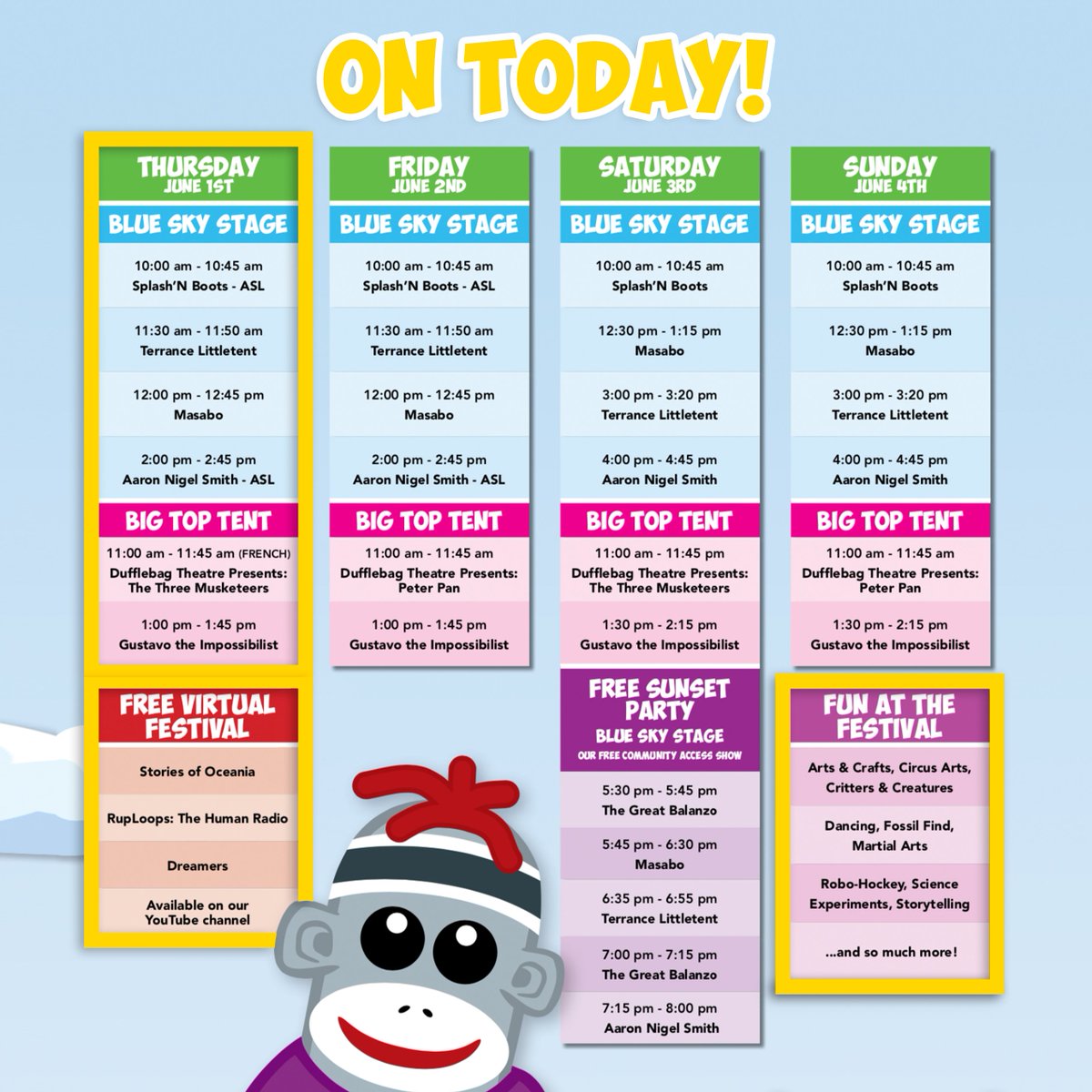 ☀️ Today at the Nutrien Children’s Festival – Thursday June 1st

😎 Plan your in-person festival experience at nutrienchildrensfestival.com

🖥 Stream the FREE virtual festival at nutrienchildrensfestival.com/virtual-festiv…

👇 Save this image for easy planning!