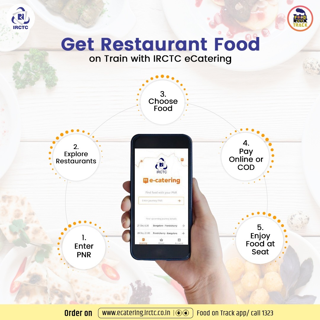 Follow these easy steps to get #delishfood delivered to your train berth via #IRCTC #eCatering. 
Order on 🌐ecatering.irctc.co.in / 👉Install #FoodOnTrack app / 📞1323
#azadikirail