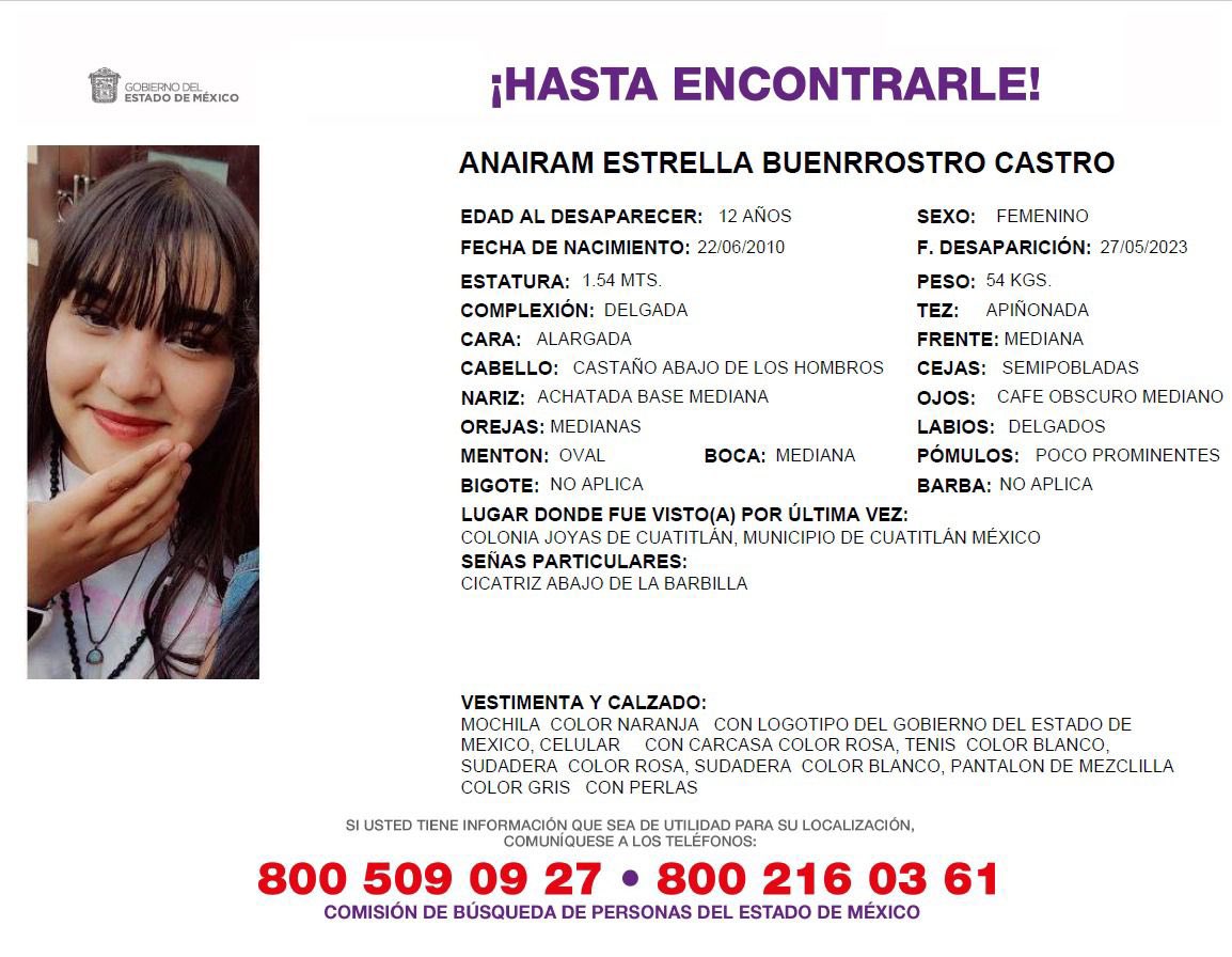 🚨 #Alerta | ¿La has visto? Anairam Estrella Buenrrostro Castro desapareció el sábado 27 de mayo en la colonia Joyas de Cuautitlán, #Edomex. Ayúdanos a que vuelva a casa. 

Si tienes información para dar con su paradero llama al ☎️ 800 509  09 27.