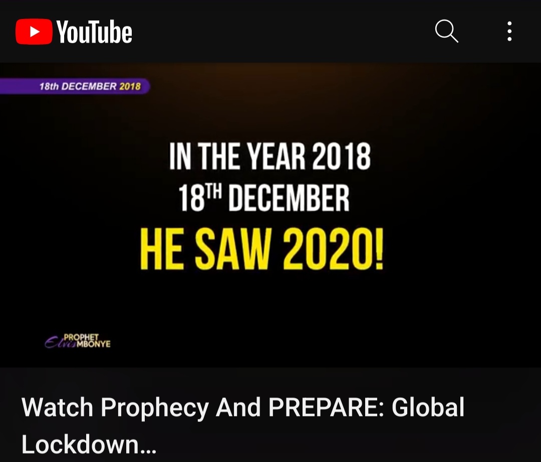 Watch Prophecy and Prepare: Global Lockdown

youtu.be/zca1hZt4BNI

#ProphetElvisMbonye 
#worldhealthorganisation