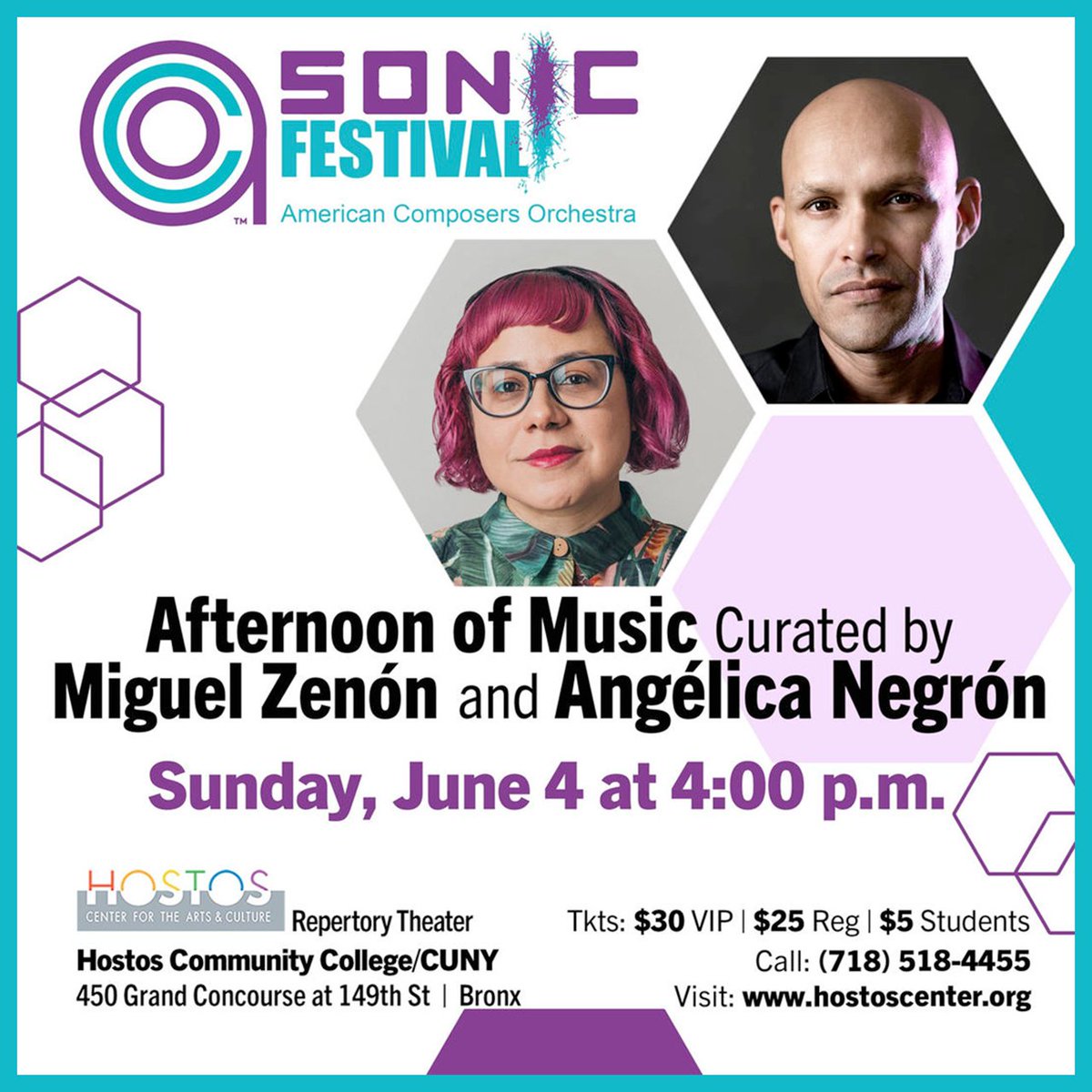 Latin Jazz Network (@latinjazznet) on Twitter photo Sonic Festival: Music Curated by Miguel Zenón and Angélica Negrón latinjazznet.com/SFmz
Part of the SONiC Festival Highlighting the Rich Musical Traditions of Puerto Rico
SUN JUN 4 2023 @ 4pm
REPERTORY THEATER
<a href="/HostosCenter/">Hostos Center</a> for the Arts & Culture
450 Grand Concourse Bronx NY Sonic Festival: Music Curated by Miguel Zenón and Angélica Negrón latinjazznet.com/SFmz
Part of the SONiC Festival Highlighting the Rich Musical Traditions of Puerto Rico
SUN JUN 4 2023 @ 4pm
REPERTORY THEATER
<a href="/HostosCenter/">Hostos Center</a> for the Arts & Culture
450 Grand Concourse Bronx NY