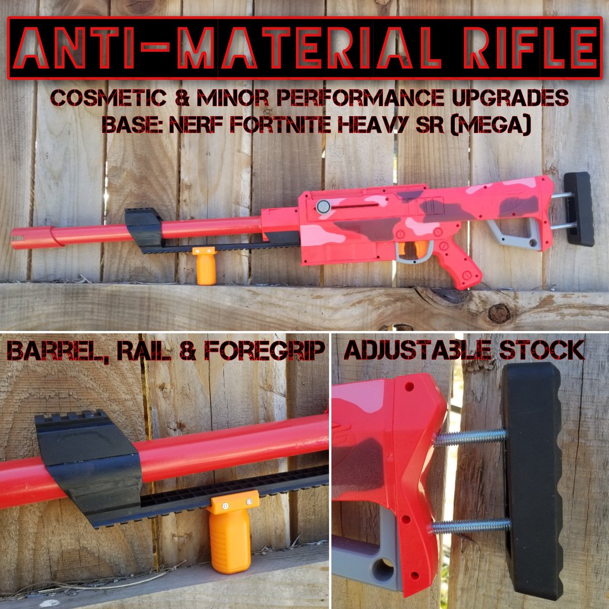BanesArmory's tweet image. A recent #NERFMod for the #NERF #Fortnite "Heavy SR" #NERFMEGA blaster!

Removed the AR, replaced the stock barrel, added some #GelBlaster #TacticalRails and adjustable stock extension.

#BanesArmory #LARPing #LARPProps #LARPWeapon #SuperLARP
