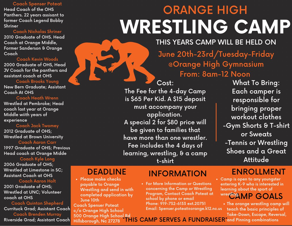 Our Team Orange Wrestling Camp is right around the corner!! 
4 Days of fun, hard work &amp; learning the basics &amp; fundamentals to wrestling, Don’t Miss It !!!🍊
June 20th-23rd | @ Orange High School