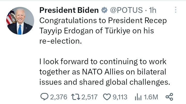 cheers_7646's tweet image. Now it's clear that President select is not accepted but they have to play politics for their benefits. Biden congratulates Turkey's president elect but no e send BAT. Chai 

#seun #TinubuIsNotMyPresident #TinubuDidNotWinAnyElection #shank #Osimhen #protest #ParallelFacts