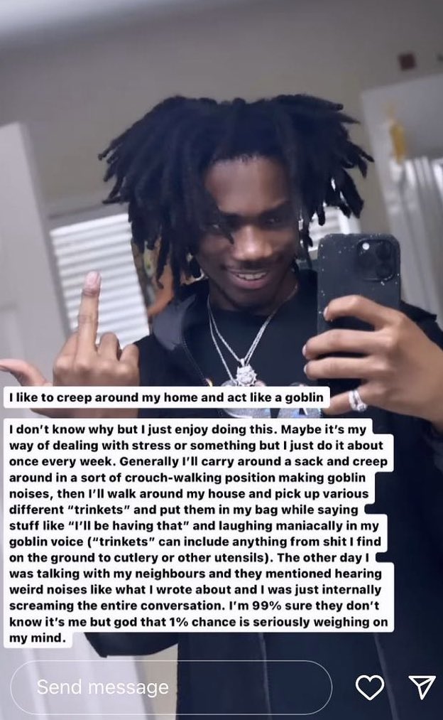 therealugs's tweet photo. Duwap Kaine says he likes to carry around a sack and act like a goblin picking up various trickets around his home https://t.co/MBQrDzPwRI