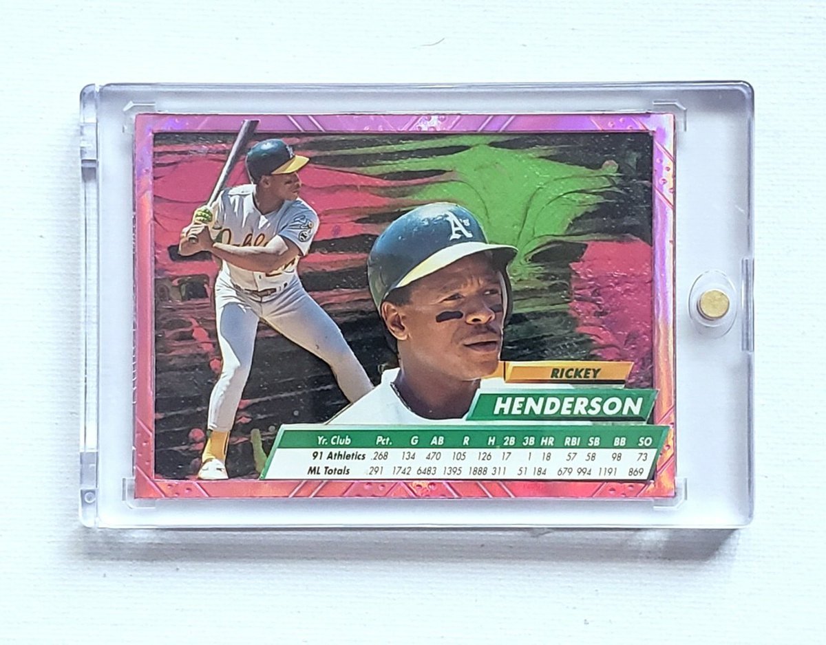 Rickey Henderson 1/1 Custom Art Card on Canvas #rickeyhenderson #oaklandathletics #stolenbase #Athletics #oaklandathleticsbaseball #mlb #baseball #baseballcards #cardart #sportscards #project70 #project100 #customcard #mixedmediaart #mixedmedia #art #artist #artwork