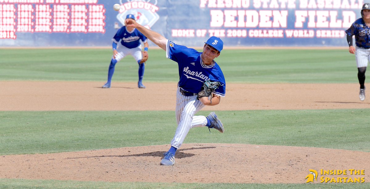 JacksonMoore247's tweet photo. San Jose State is three outs away from winning the Mountain West Baseball Championship! 

The Spartans scored 6 straight runs while relief pitcher Nathan Hansen blanked AFA in the 4th, 5th &amp; 6th innings.

12-8 SJSU lead going into the 9th inning.
#AllSpartans @InsideSpartans https://t.co/hJp043XbYb