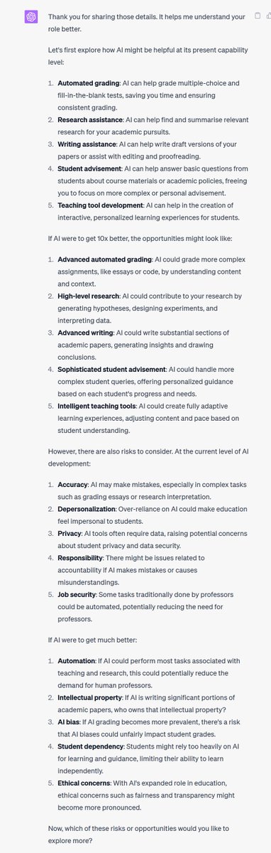 Now that we can share ChatGPT prompts, we should do that more. Here are two for GPT-4 (though remember, AI is a weird tool, don't blindly trust it)
AI Dungeon Master: chat.openai.com/share/b3e22605…
AI Job Advice, to think through how AI might impact your work: chat.openai.com/share/a7fa6771…