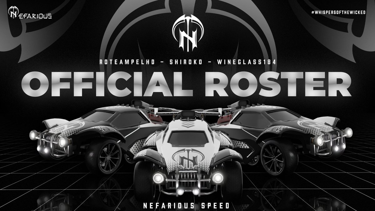 NSight_eSports's tweet photo. Introducing the wickedest trio in the Rocket League scene: @roteampelhd, Shiroko, and @wineglass184. Brace yourselves for a whirlwind of skill, strategy, and pure domination! #NefariousSpeed #WhispersOfTheWicked #RocketLeague #Esports https://t.co/0dK5GQzM4T