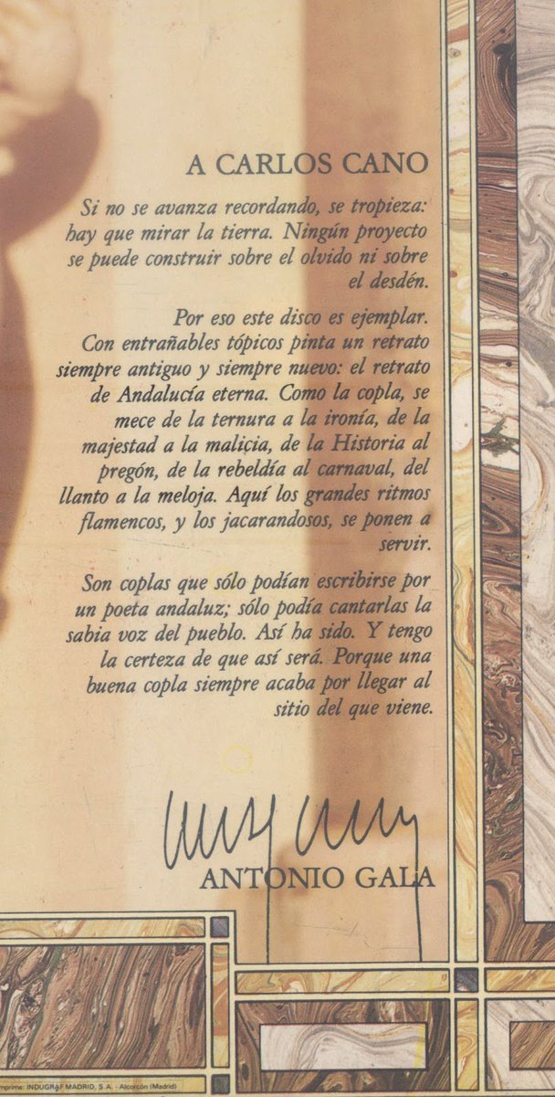 Antonio Gala a Carlos Cano en la contraportada de 'Cuaderno de coplas', 1985
