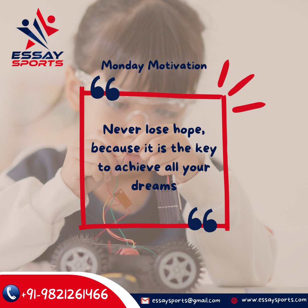 #MondayMotivation
Never lose hope, because it is the key to achieve all your dreams.

For more enquiry plz visit us or call us
💻 essaysports.com
📞+919821261466
#EssaySports #schooluniforms #schooluniformmanufacturer
#schooluniformfashion #schooluniformstyle