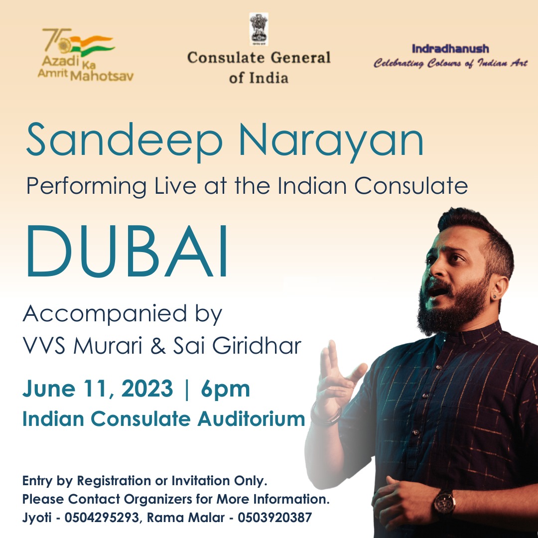 Singing in Dubai on June 11th at the Indian Consulate!

Free entry by registration only, so register now at bit.ly/sndubai.

#snmusic #dubai #sandeepindubai #indianconsulate