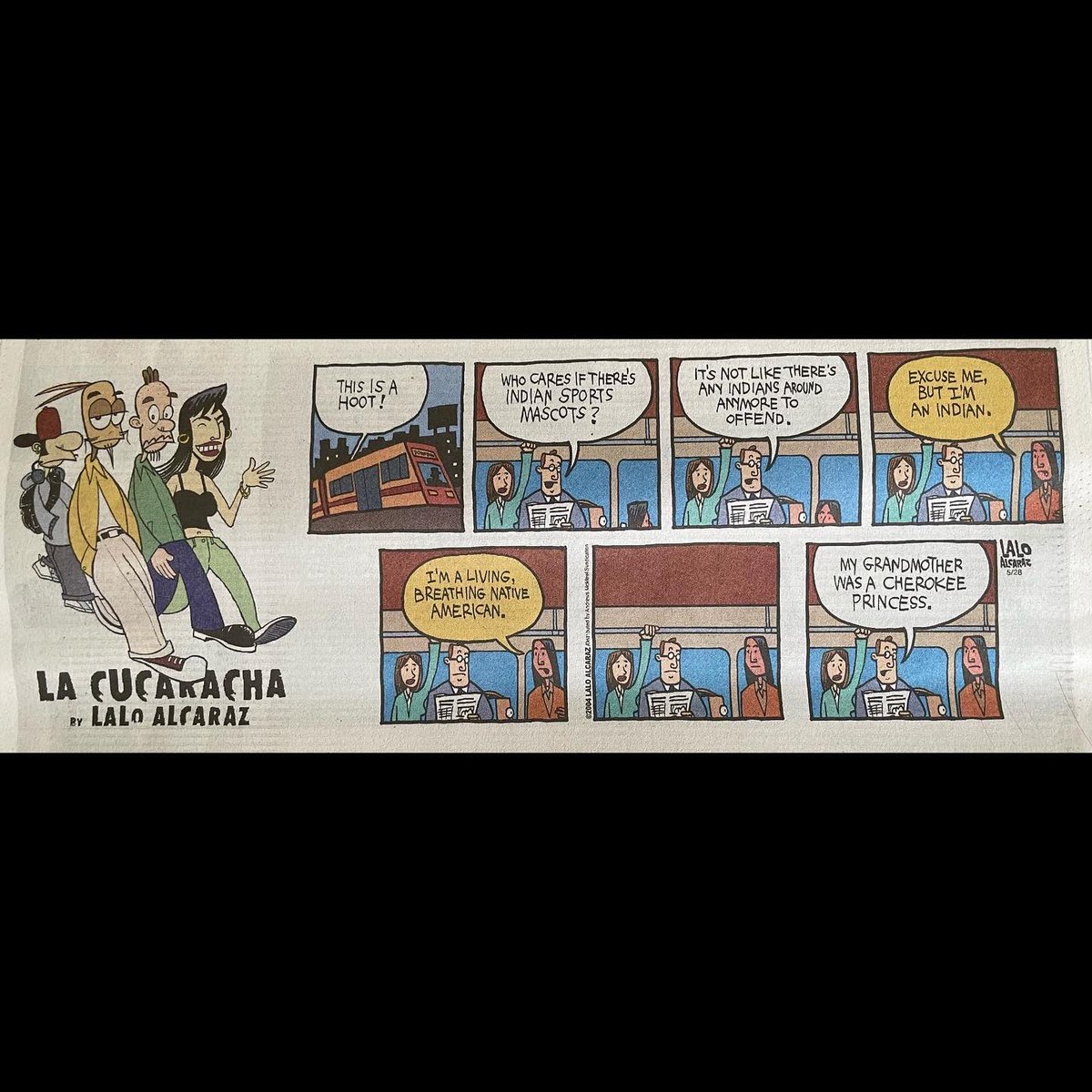 laloalcaraz's tweet photo. Celebrating 20 years of La Cucaracha in Daily National Syndication, here's one of my favorite strips I've ever done: a Sunday from 2004 (rerun today) all about native mascots. Enjoy #lacucaracha ! https://t.co/aO0eMriwrp