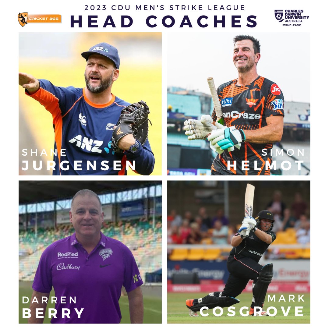 We are delighted to announce our four outstanding Head Coaches for the 2023 CDU Men’s Strike League 🤩 🏏Shane Jurgensen 🏏Simon Helmot 🏏Darren Berry 🏏Mark Cosgrove Read more here: ntcricket.com.au/news/2023-stri…