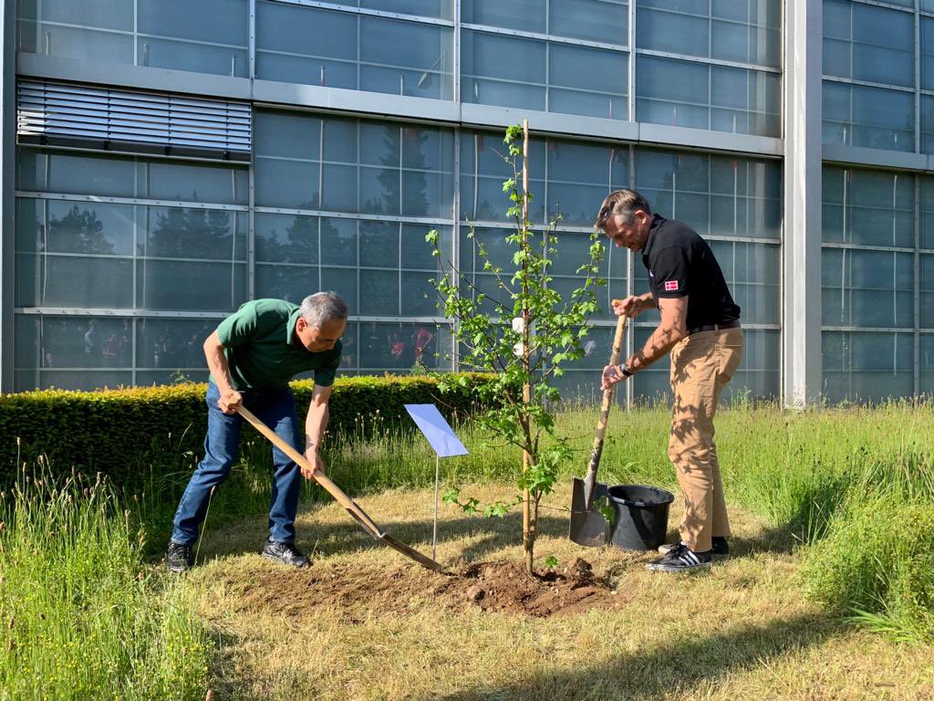 Astro_Andreas's tweet photo. Final week of training at @esa‘s European Astronaut Center last week for @Astro_Satoshi and I. ESA arranged a nice farewell with tree planting, a tradition going back to Yuri Gagarin, and a beautiful cake with all three patches on it. Can you name all three patches?
#huginn https://t.co/pe2oapdPBE