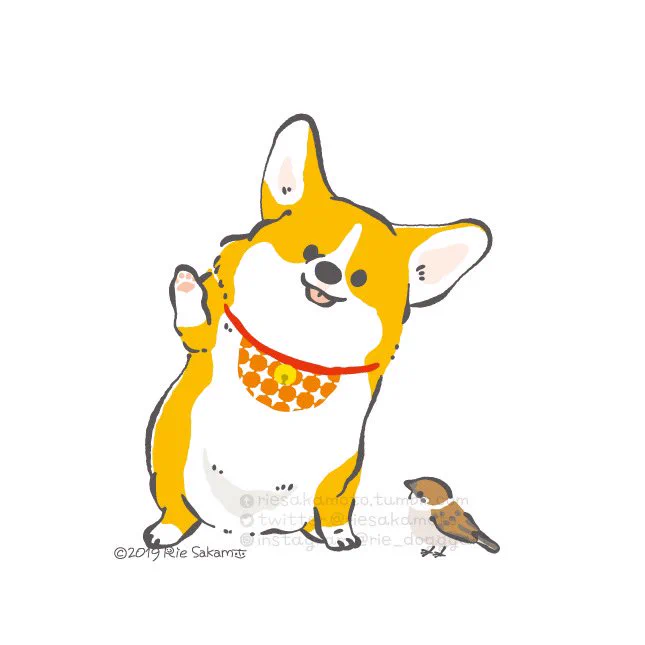 幸福の日の、福を招く招きコーギーとスズメたち #幸福の日