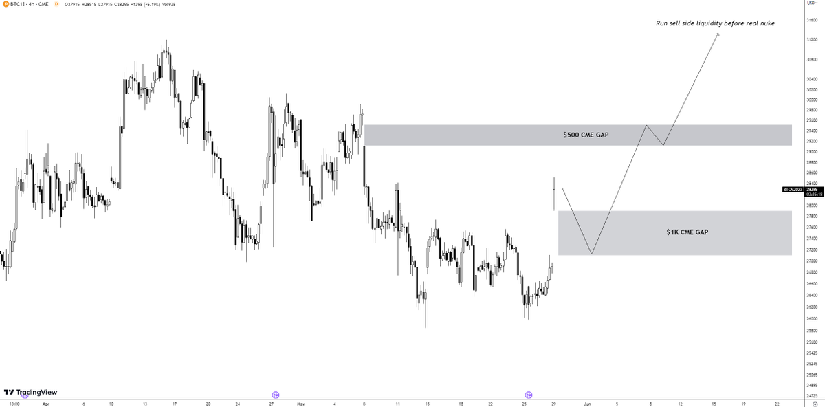$BTC CME 
The left curve approach, been a while since we've had a large CME gap &amp; on the bid side too

Could see a sell off post debt ceiling deal &amp; then gold / btc go on a run before the final rug.