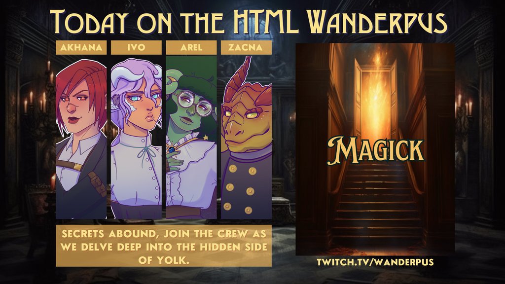 Tonight on the HTML Wanderpus TTRPG!

Secrets abound! Join the crew as they delve deep into the mysterious, hidden side of Yolk!

 #roleplay #livingworld #tabletoprpgs